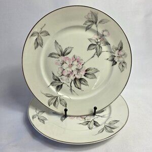 TWO Manor House Spring Glory Dinner Plates Pink & White Floral Gray Leaves